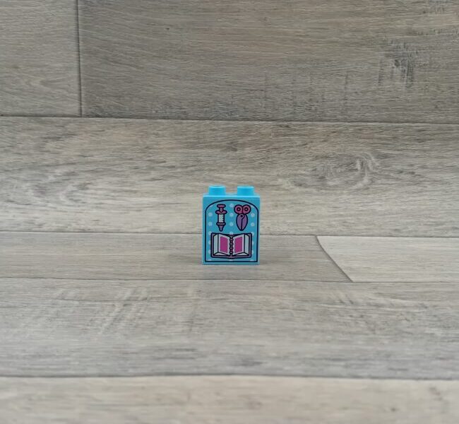 Duplo blok met afbeelding lichtblauw boek, spuit en schaar